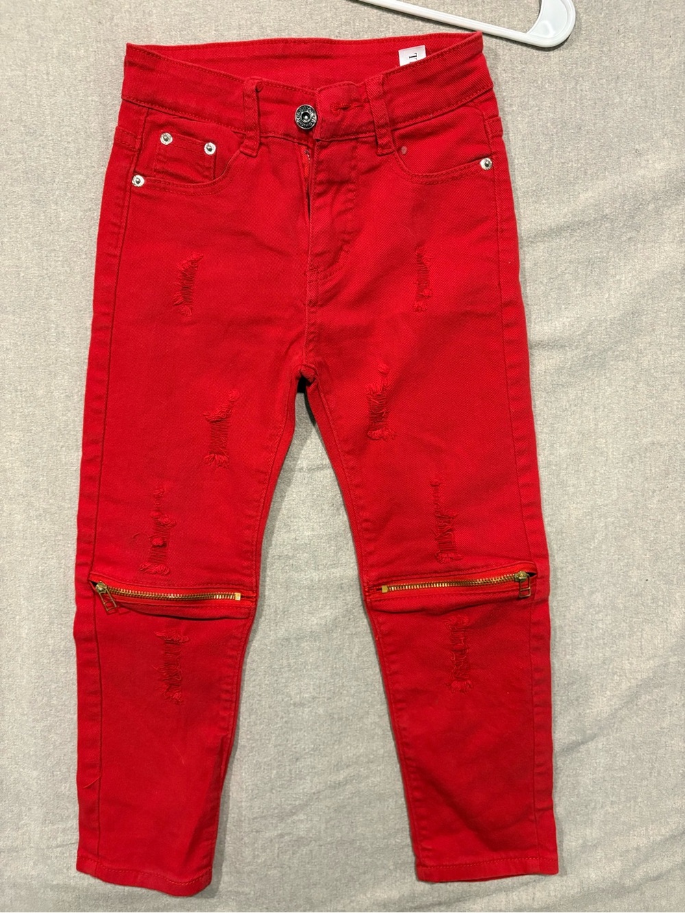Girls Red Distressed Moto Biker Jeans Ripped Zipper Knee Slim Streetwear Size 5